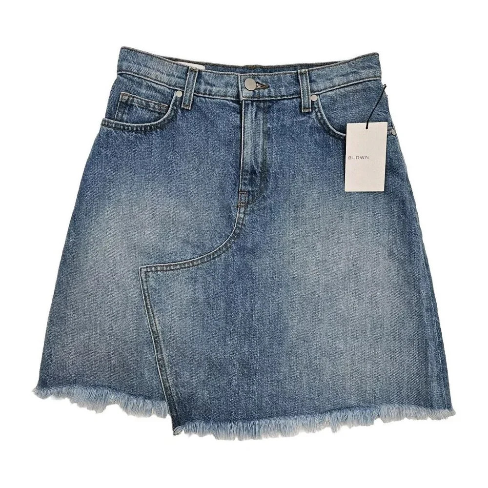 BLDWN Andie Asymmetric Frayed Raw Hem Blue Denim Jean Skirt Size 26 Nwts